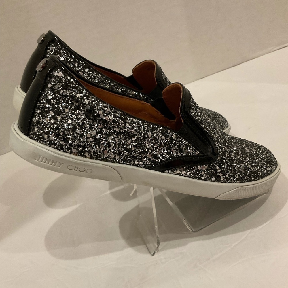 Jimmy Choo Demi Coarse Glitter Slip-Ons Sneakers Black and Silver - Picture 5 of 15